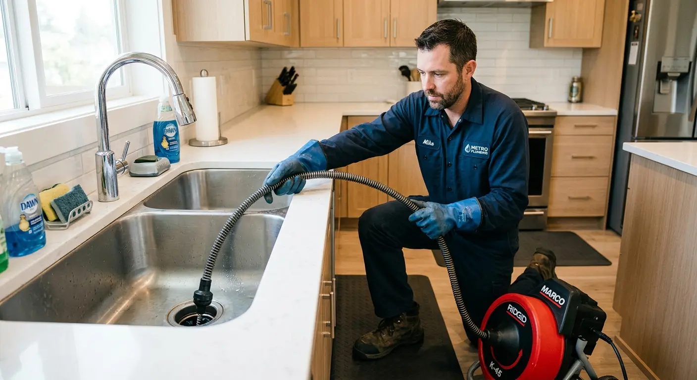 Drain cleaning technician using a motorized snake on a kitchen sink in Gladeview