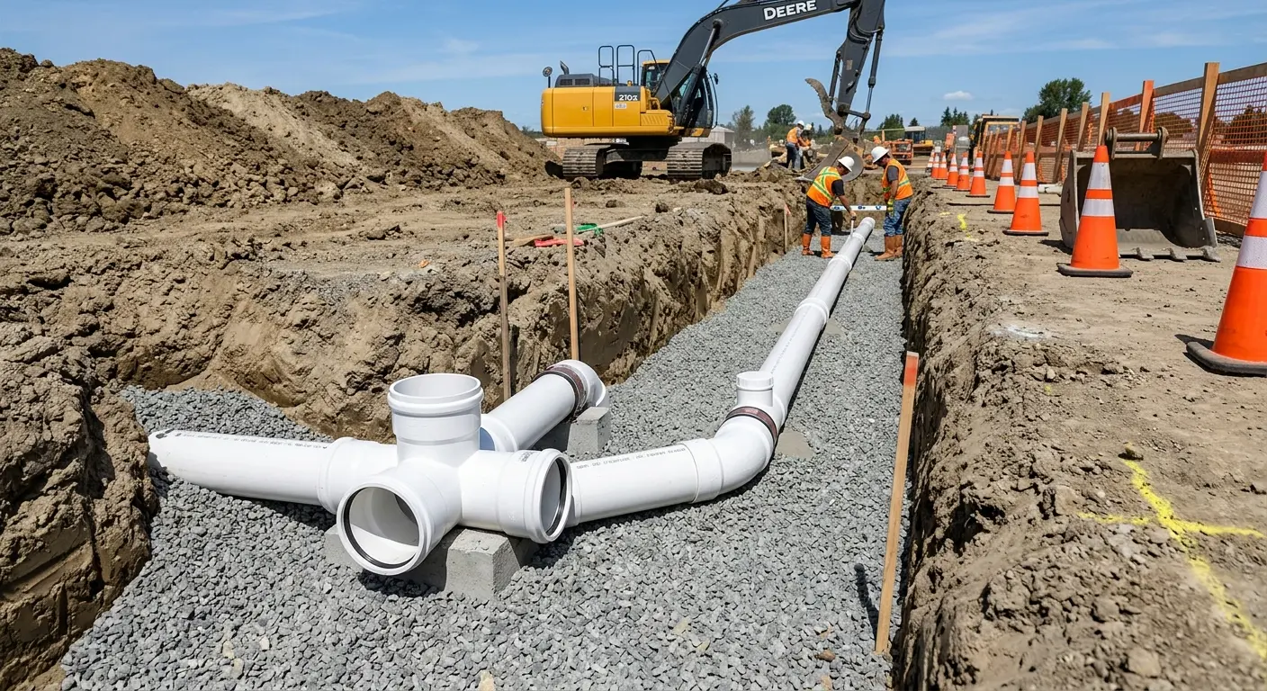 New PVC sewer pipe installation in open trench for Grease Trap Cleaning in Gladeview