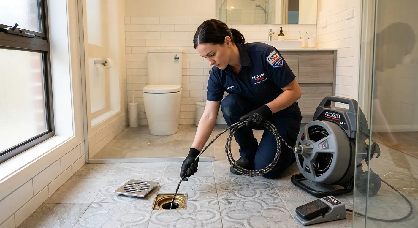 Technician clearing a bathroom floor drain for Drain Cleaning in Gladeview